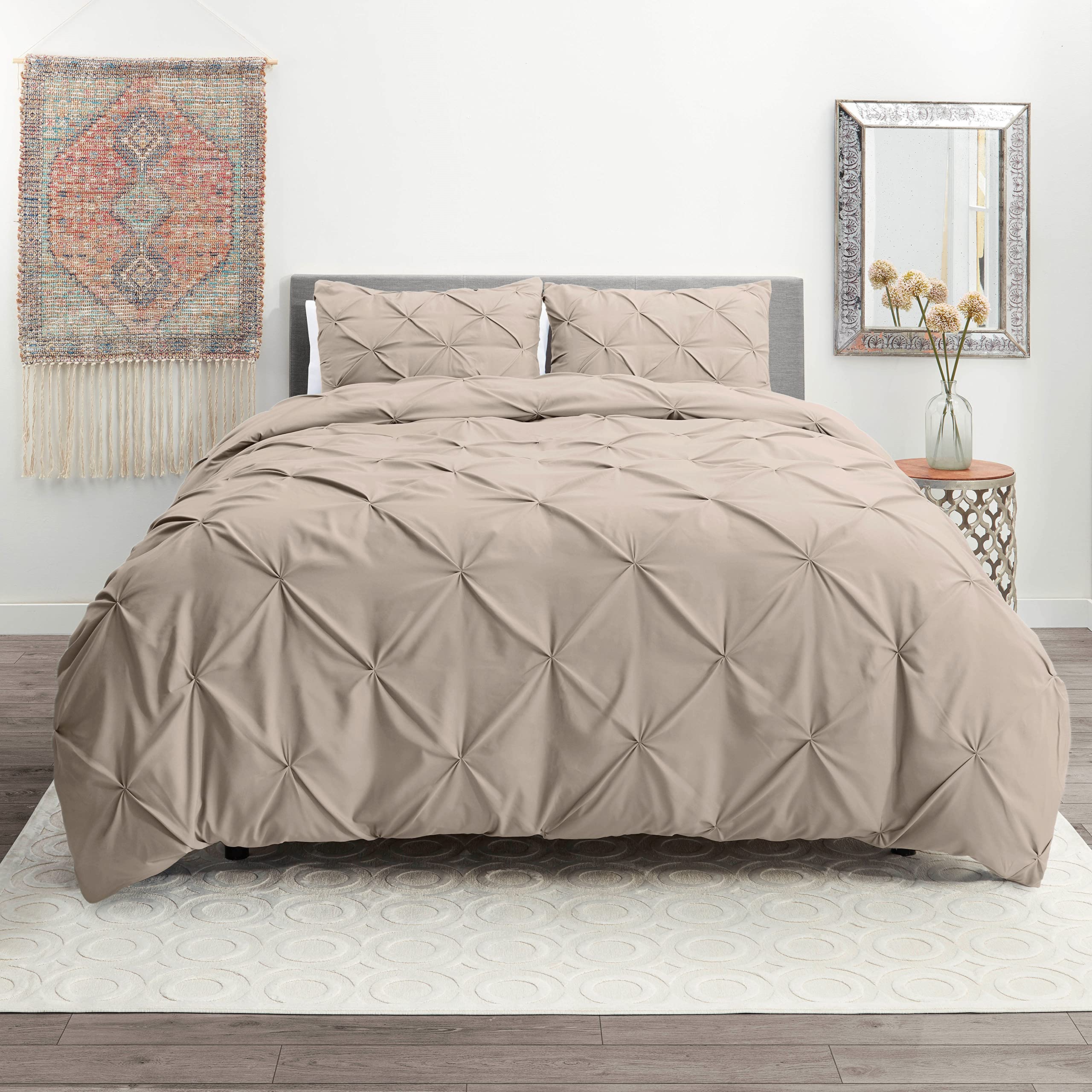 Taupe Duvet Cover King Size 3 Piece Pintuck Comforter Cover - 1 Duvet Cover 104X90 Button Closure With 2 Pillow Shams - Ultra So